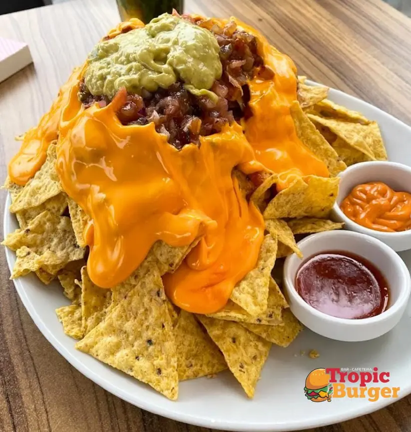Nachos con queso fundido, guacamole y salsas